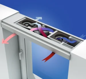 Fensterlüfter AEROMAT VT mit Wärmerückgewinnung Eingebaut Fenstersturz (waagerecht Luft)